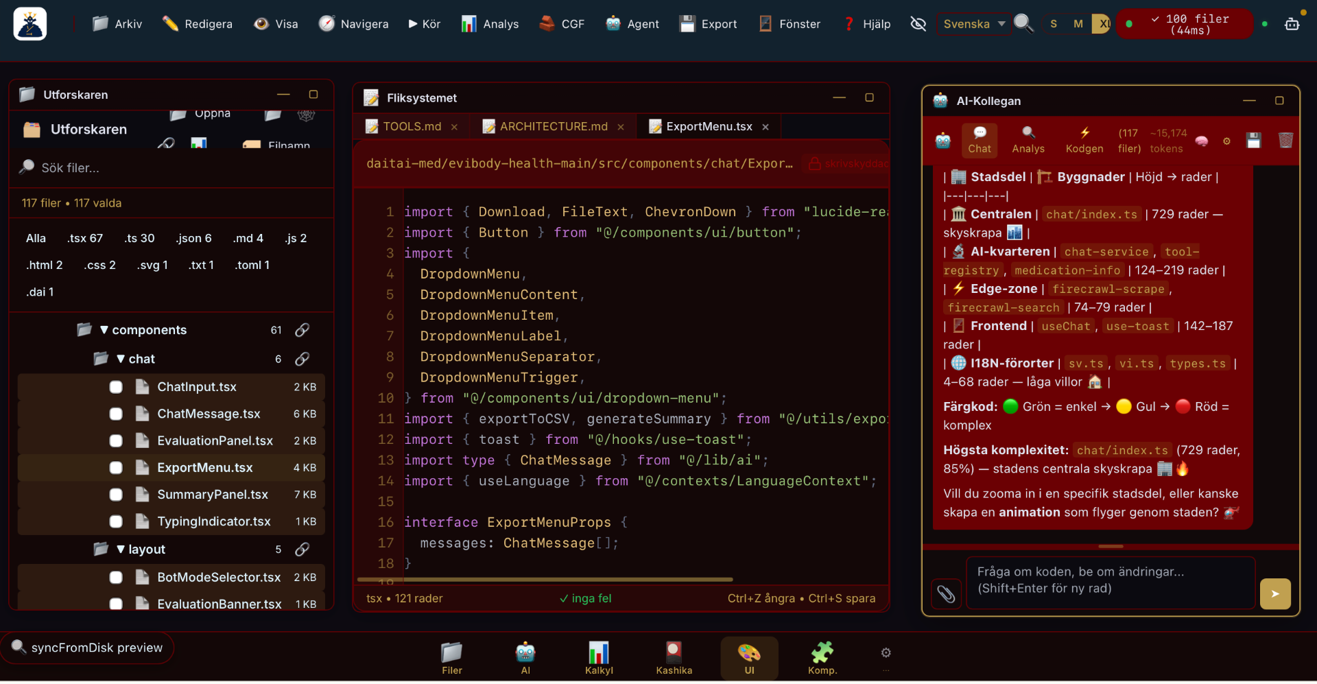 DPW — Code Daimyo IDE running in the Underwater theme: Utforskaren (file explorer), the tabbed editor, and the AI-Kollegan panel with the CodeCity metaphor.